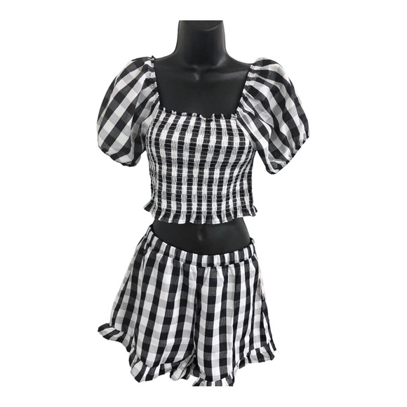 2pc black white checkered gingham ruffle hem smocked top printed shorts set sz S - Picture 5 of 12